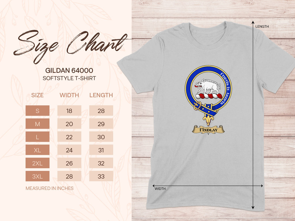 Gildan 64000 size chart for Findlay Scottish clan crest T-shirt