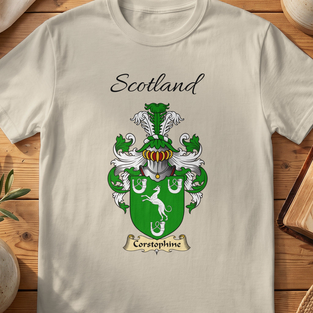 Sand Corstorphine Scottish family shield T-shirt featuring a white animal and horseshoes on green