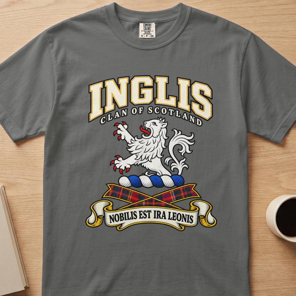 Inglis clan crest with white lion on a gray Comfort Colors T-shirt, front view