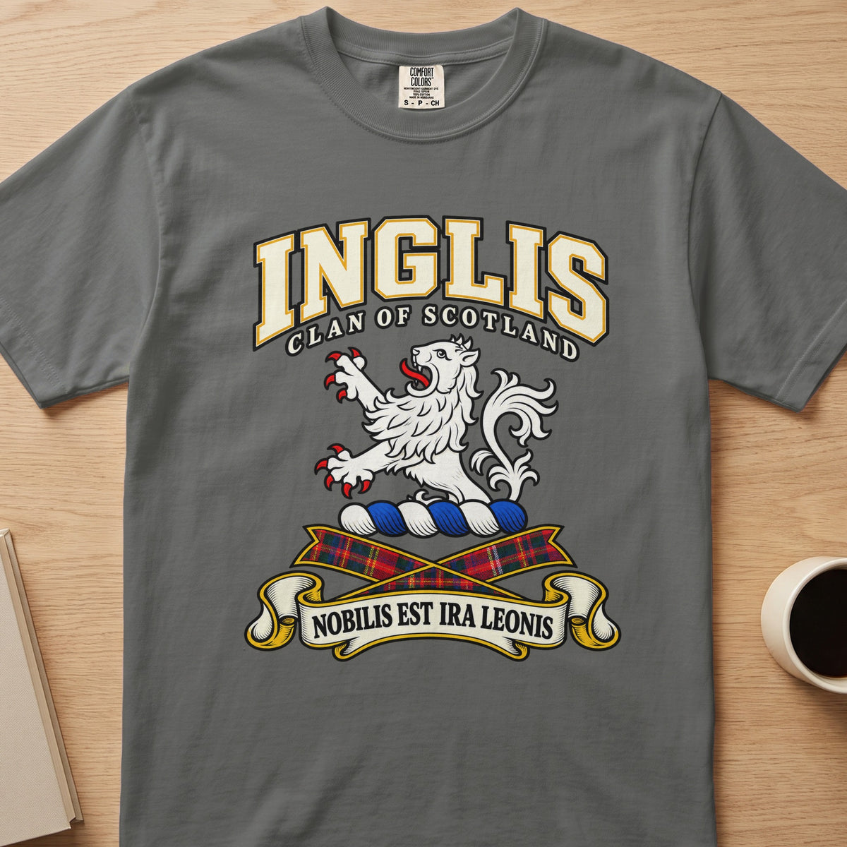 Inglis clan crest with white lion on a gray Comfort Colors T-shirt, front view