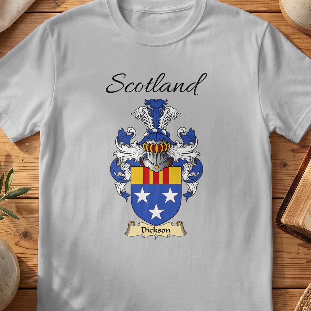 Sport Grey Dickson Scottish family shield T-shirt featuring white stars on blue beneath a striped top band