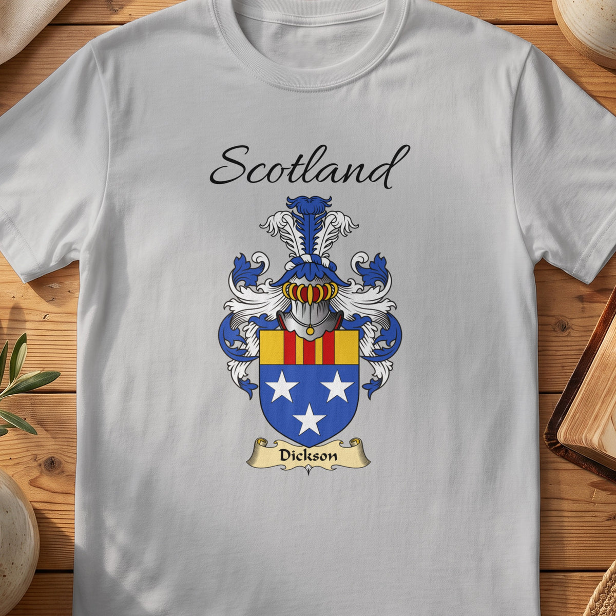 Sport Grey Dickson Scottish family shield T-shirt featuring white stars on blue beneath a striped top band