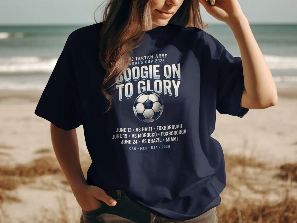 Navy t-shirt with "Boogie On To Glory" and World Cup 2026 match schedule.