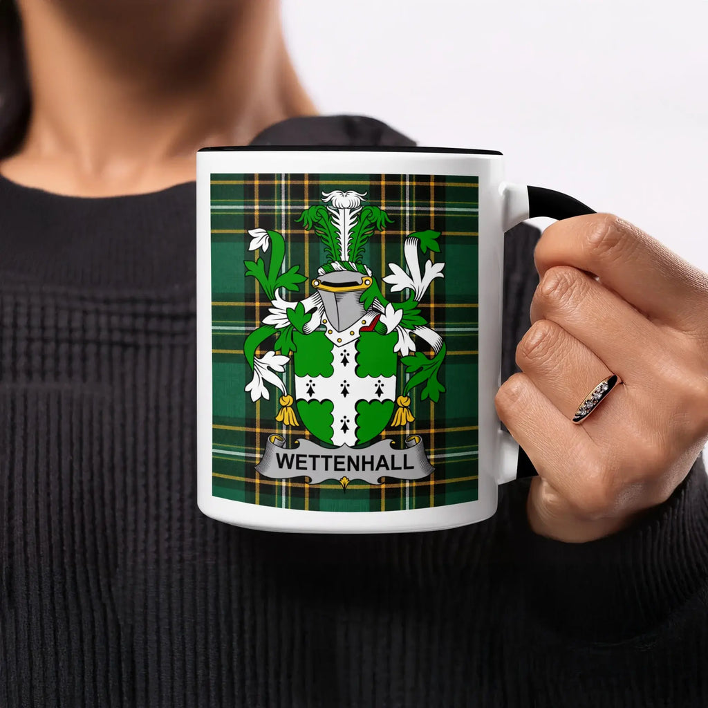 Mug with Wettanhall family crest on green tartan background.