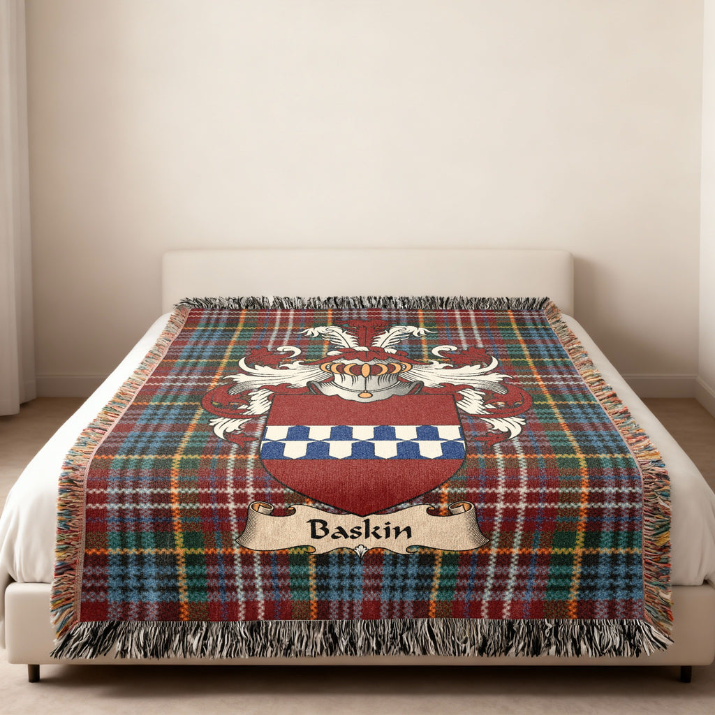 Baskin Caledonia tartan heritage woven throw blanket with family shield