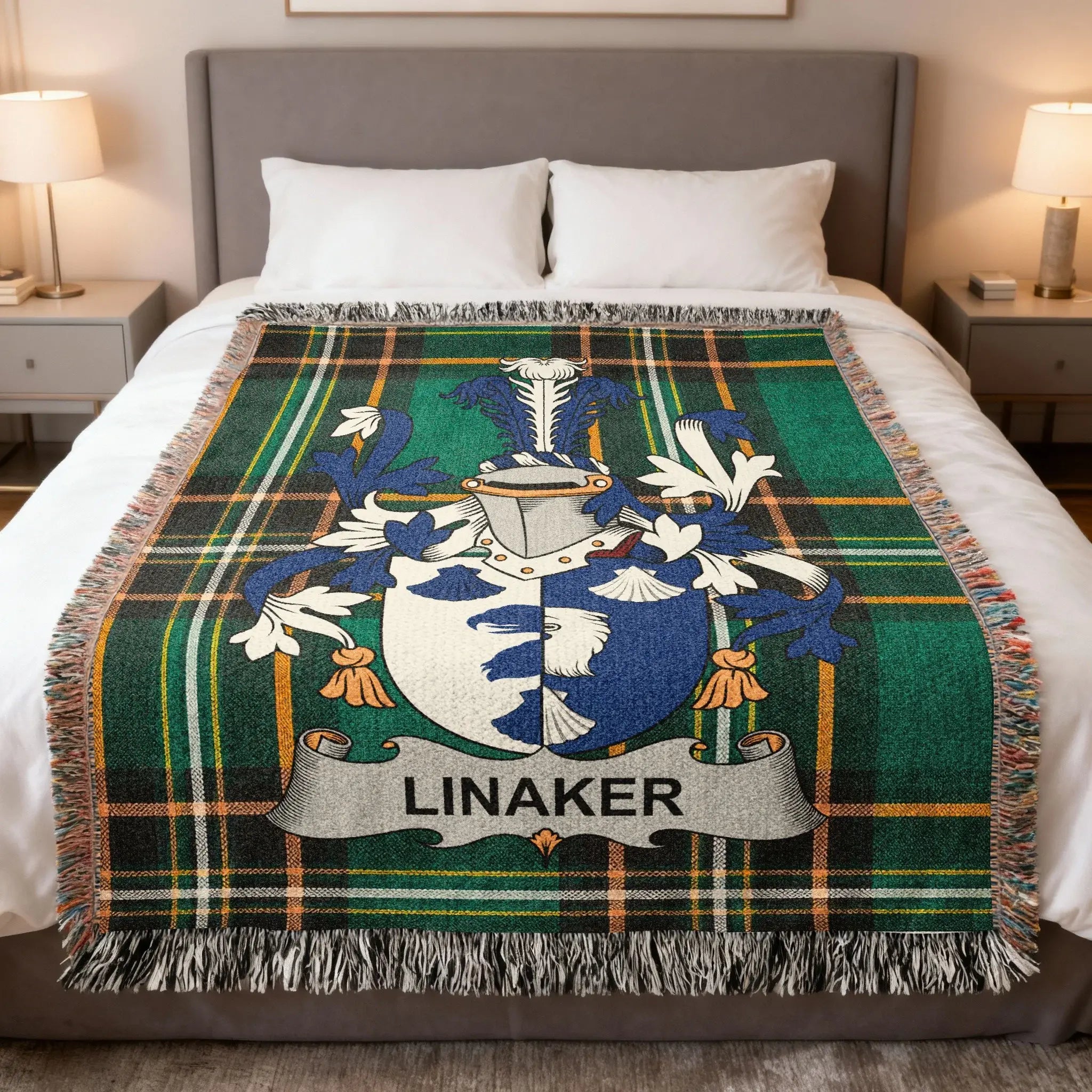 LINAKER family crest blanket on a bed with tartan pattern.