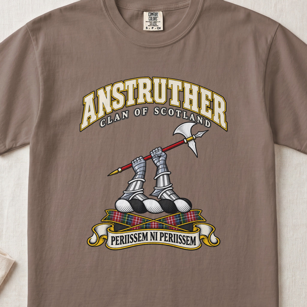 Anstruther Scottish clan T-shirt in Espresso, front view with two armoured hands holding a red-shafted halberd and motto banner.