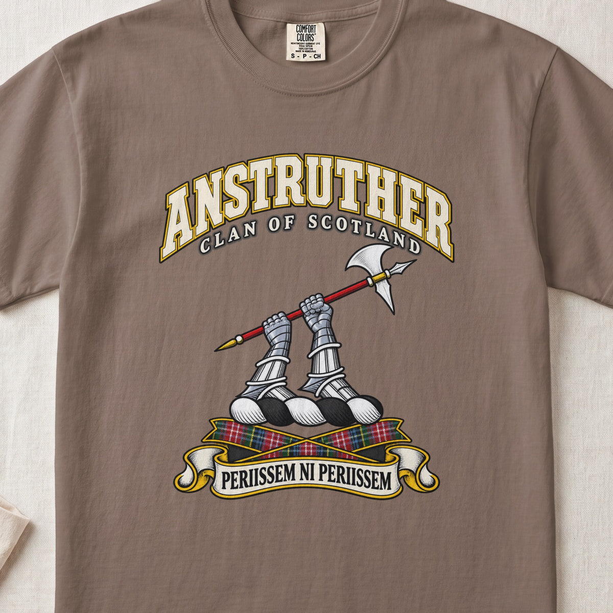 Anstruther Scottish clan T-shirt in Espresso, front view with two armoured hands holding a red-shafted halberd and motto banner.