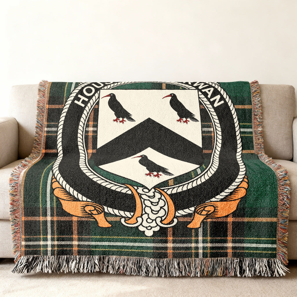 O'Kirwan Irish National Tartan woven blanket displayed on a sofa