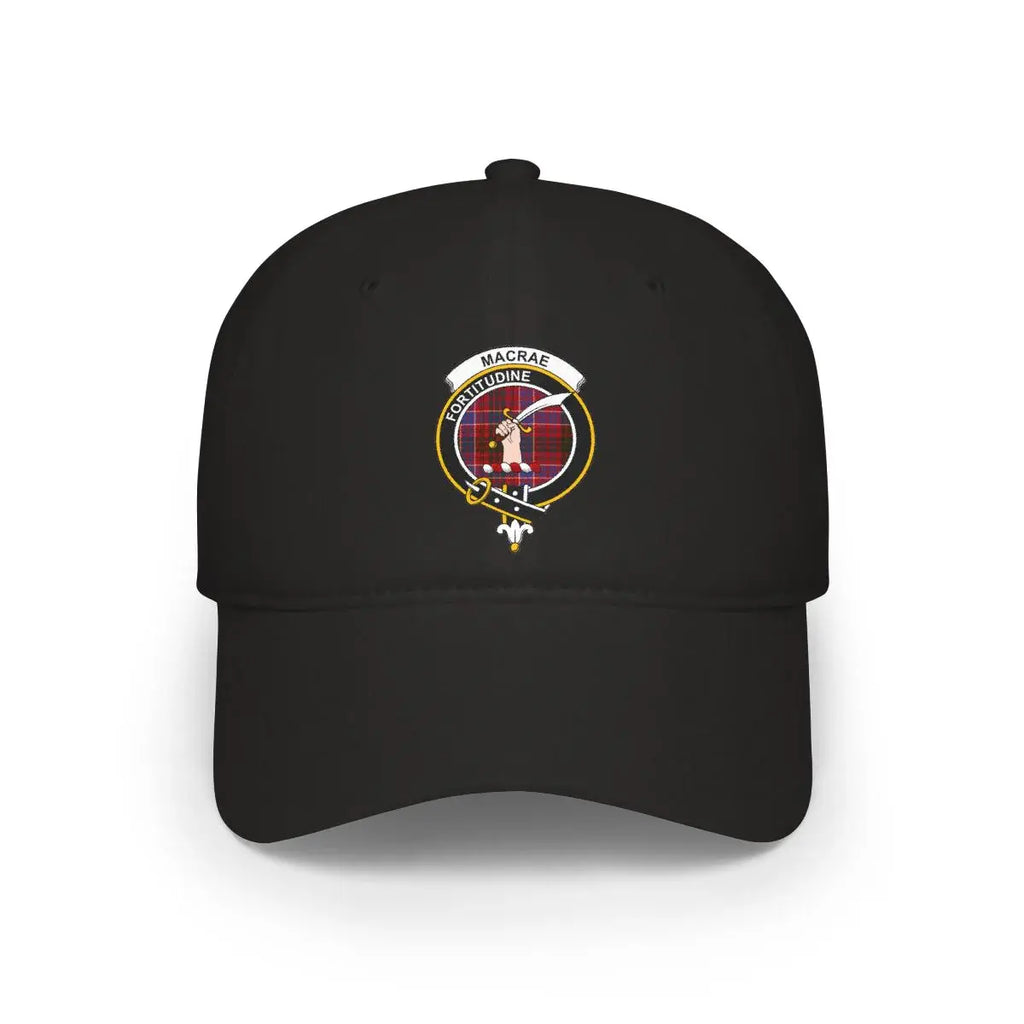 Clan MacRae Fortitudine emblem cap shown from front — printed crest on cotton panel