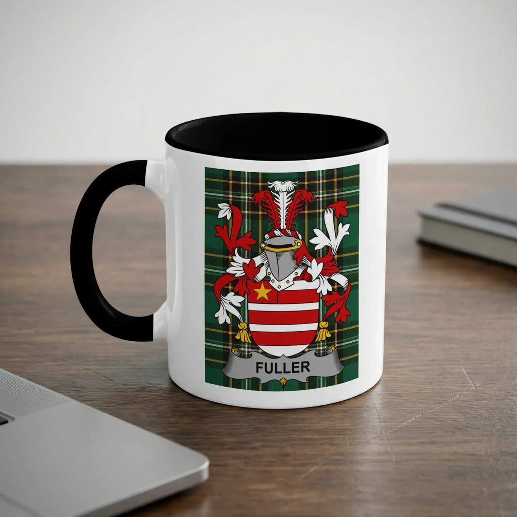 White mug with black rim and handle, displaying a coat of arms with the name "Fuller".