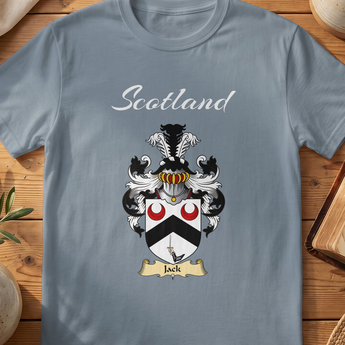 Jack Scottish family shield T-shirt in Stone Blue