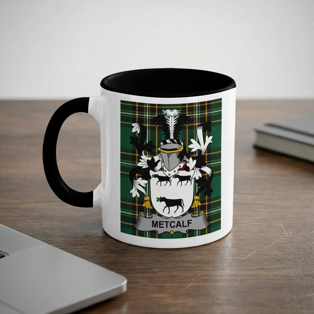 Metcalf Irish heritage mug with black handle and family crest