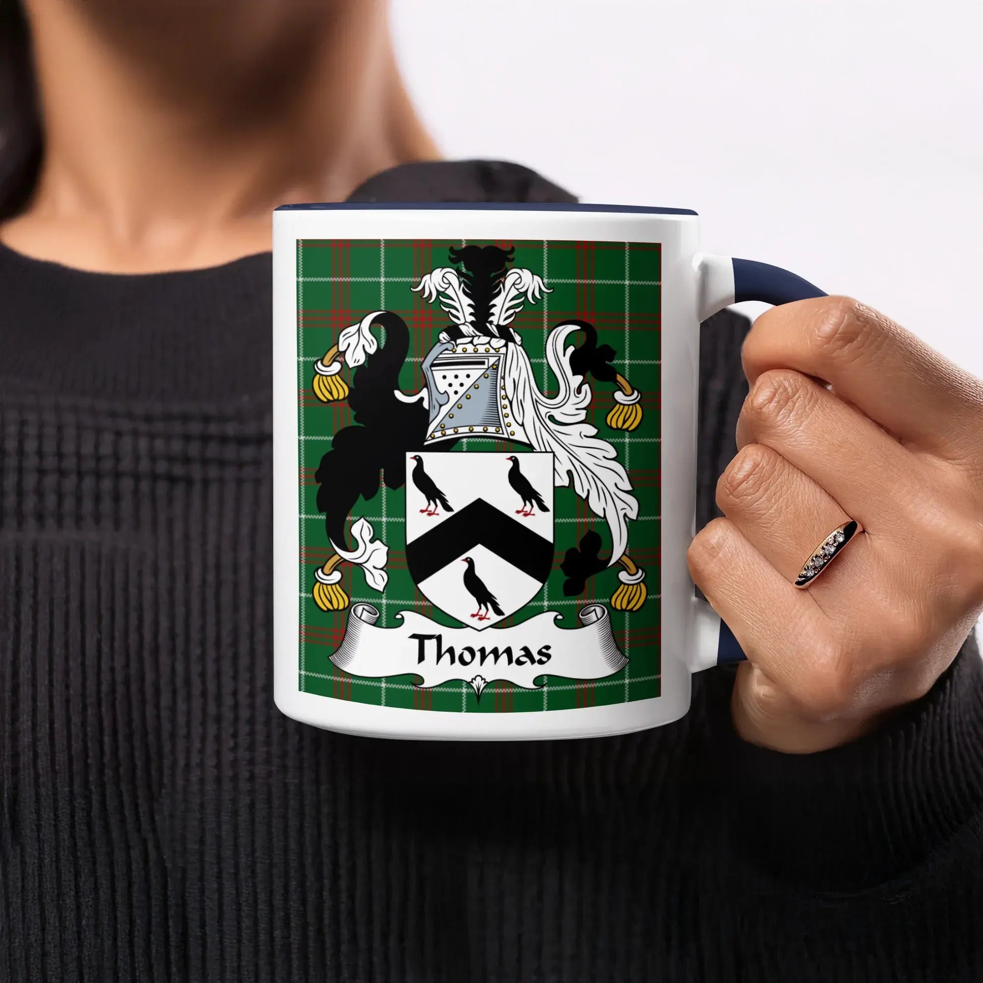 Thomas Welsh ancestry gift mug with navy accent and green tartan National Tartan background
