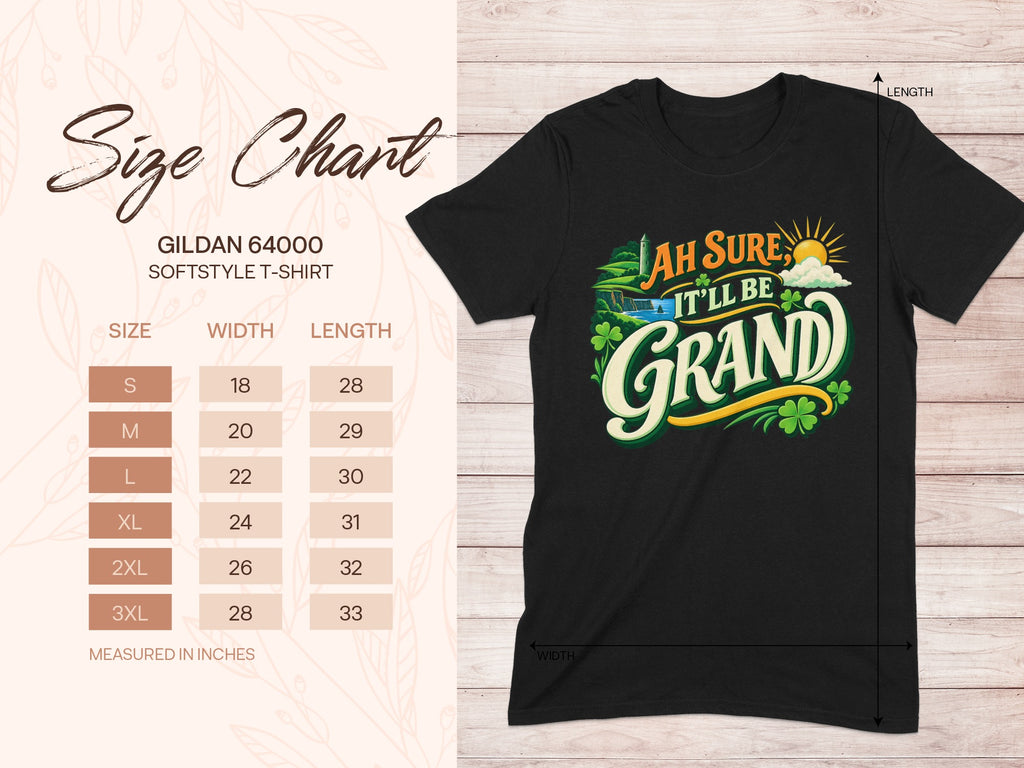 Gildan 64000 unisex T-shirt size chart with width and length measurements