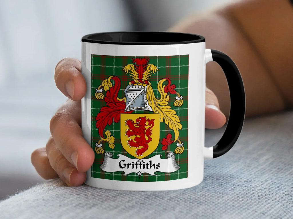 Griffiths Welsh coat of arms accent mug with black handle and crest on Welsh National Tartan