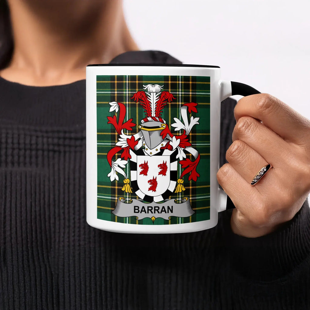 Mug with a Barran family crest on a green tartan background.