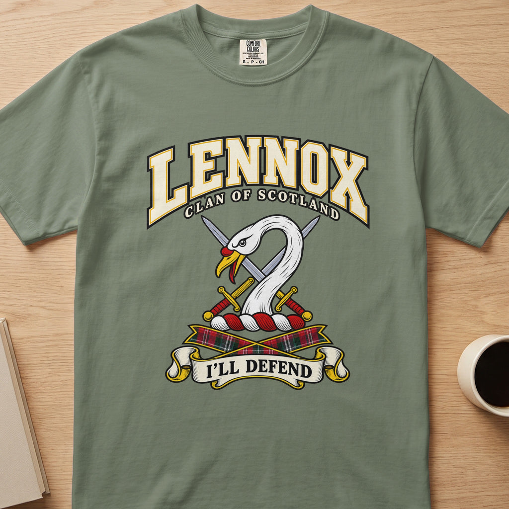 Lennox white swan crest with gold detail graphic on a sage green Comfort Colors T-shirt, front view