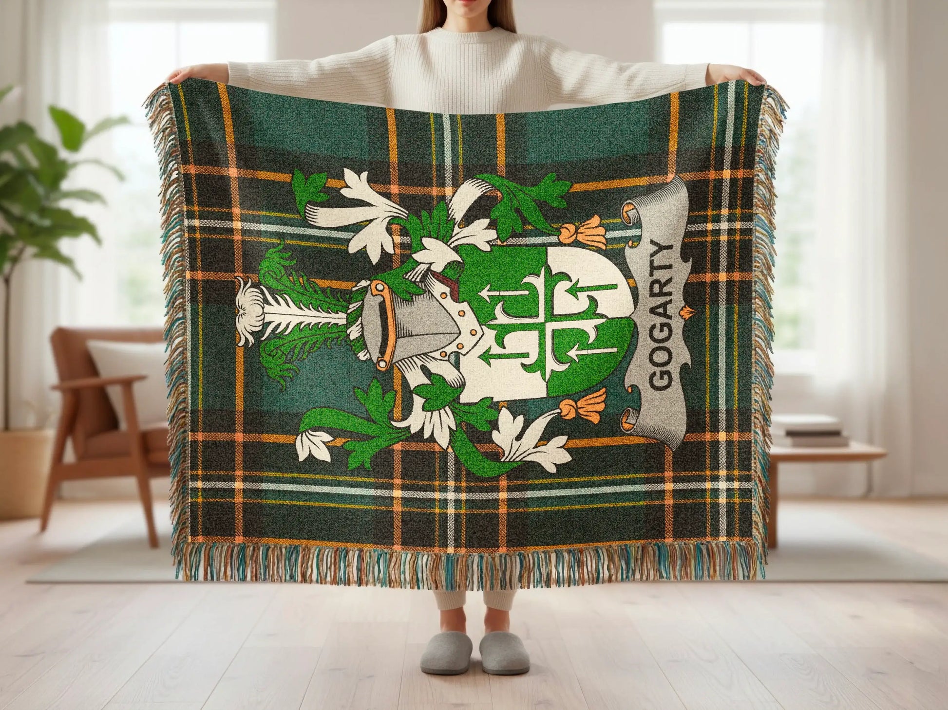 Green and white plaid throw blanket featuring the Fogarty family crest.