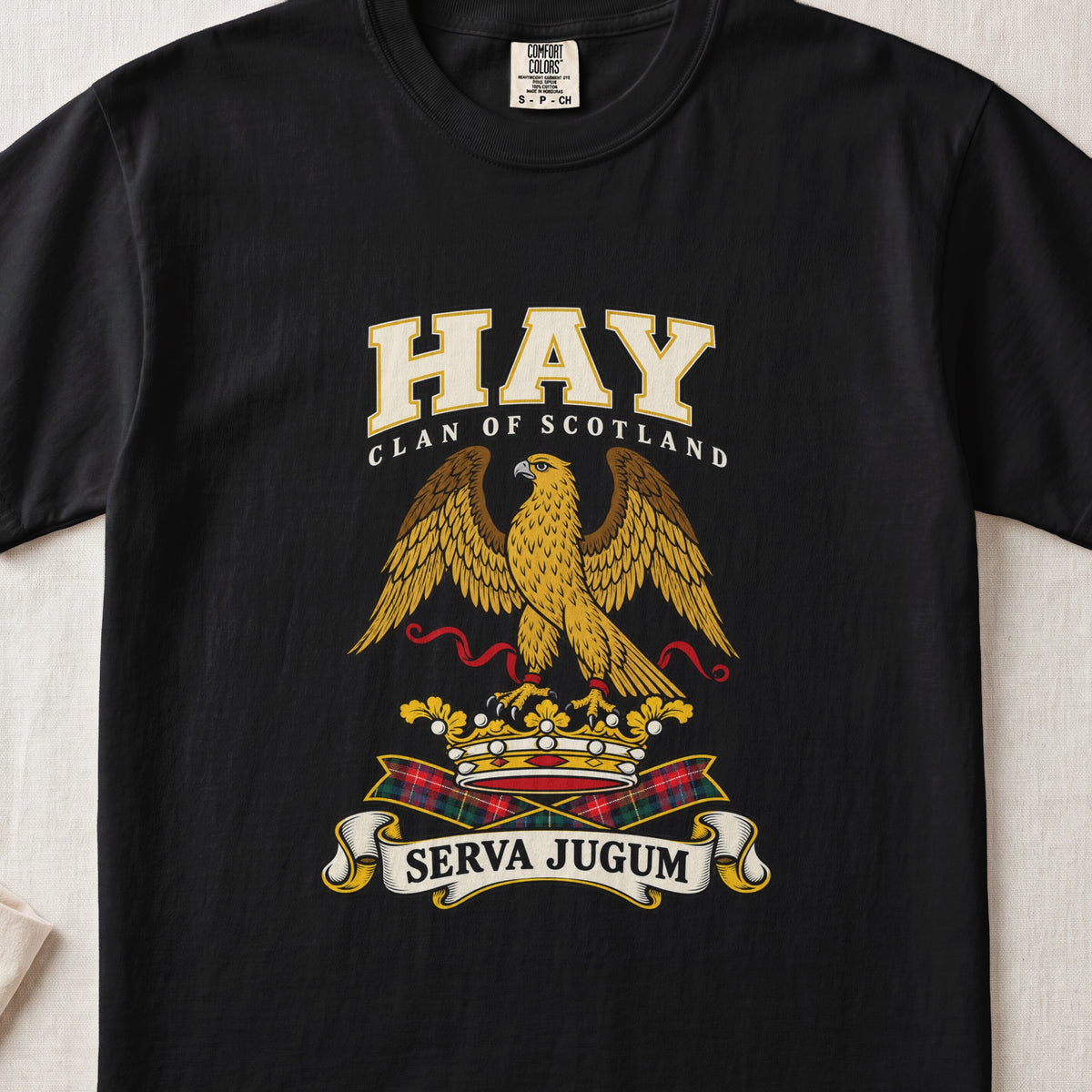 Hay graphic T-shirt in Black, front flat lay showing varsity lettering and gold eagle with spread wings and red ribbon.