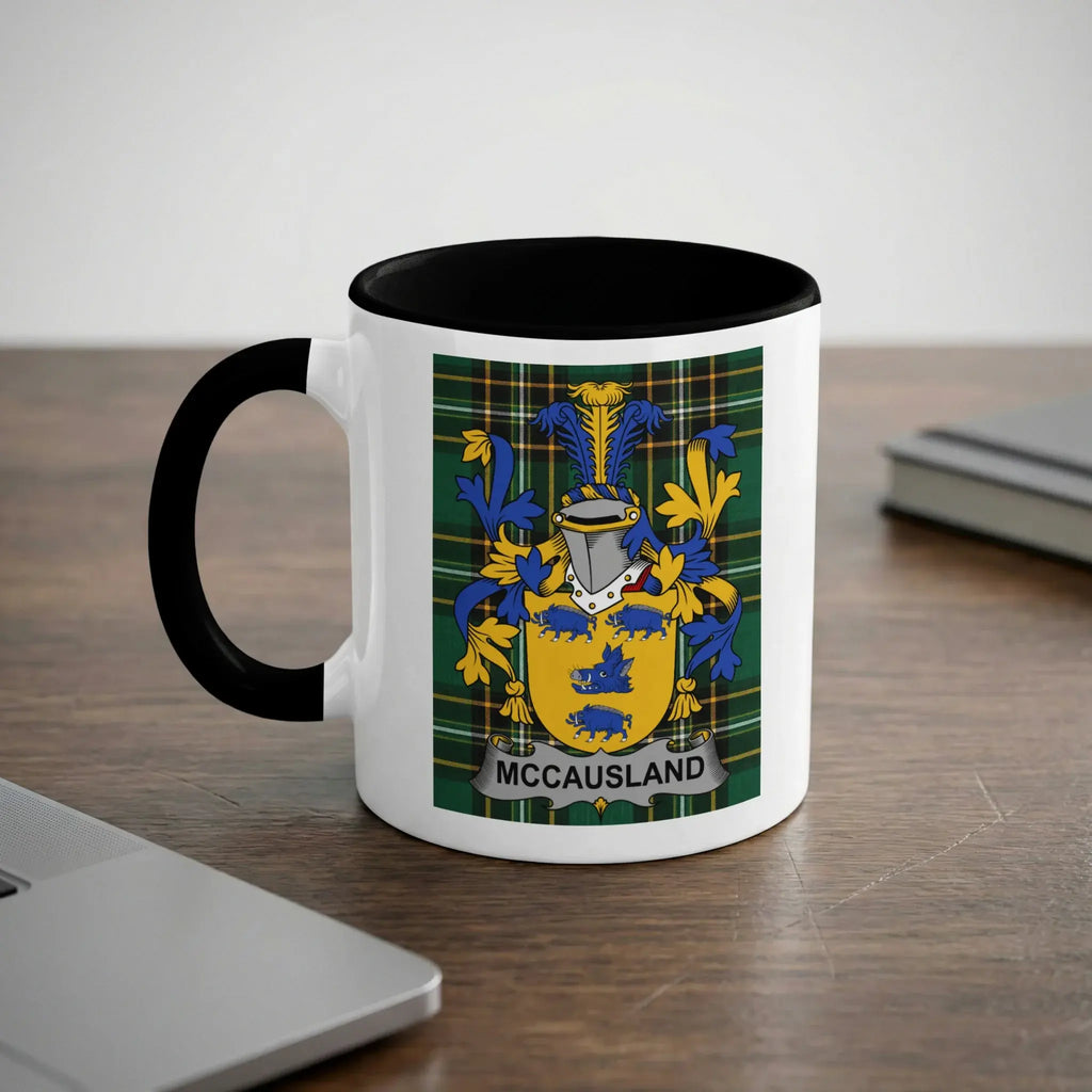 McCausland Irish heritage mug with black handle and family crest