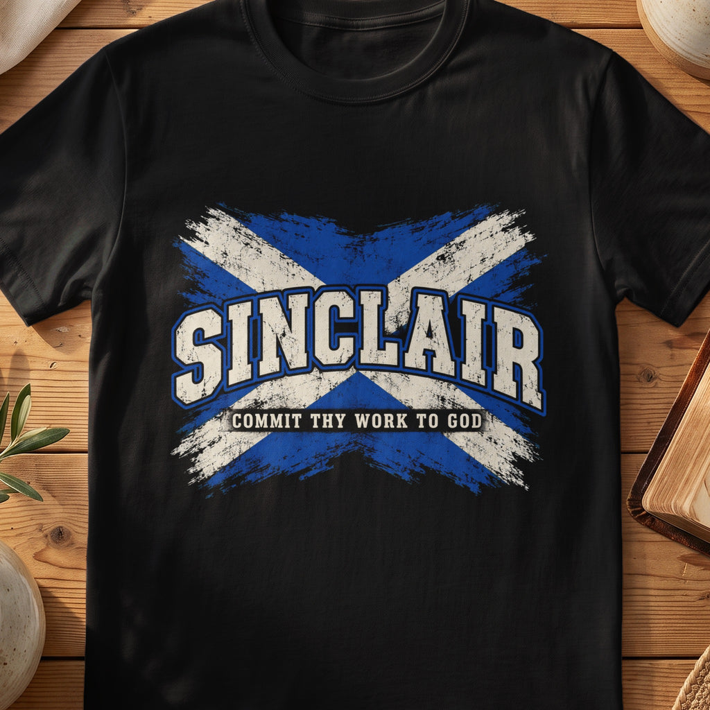 Sinclair Scottish Saltire T-shirt in Black, with distressed blue and cream flag and “Commit Thy Work to God” lettering.