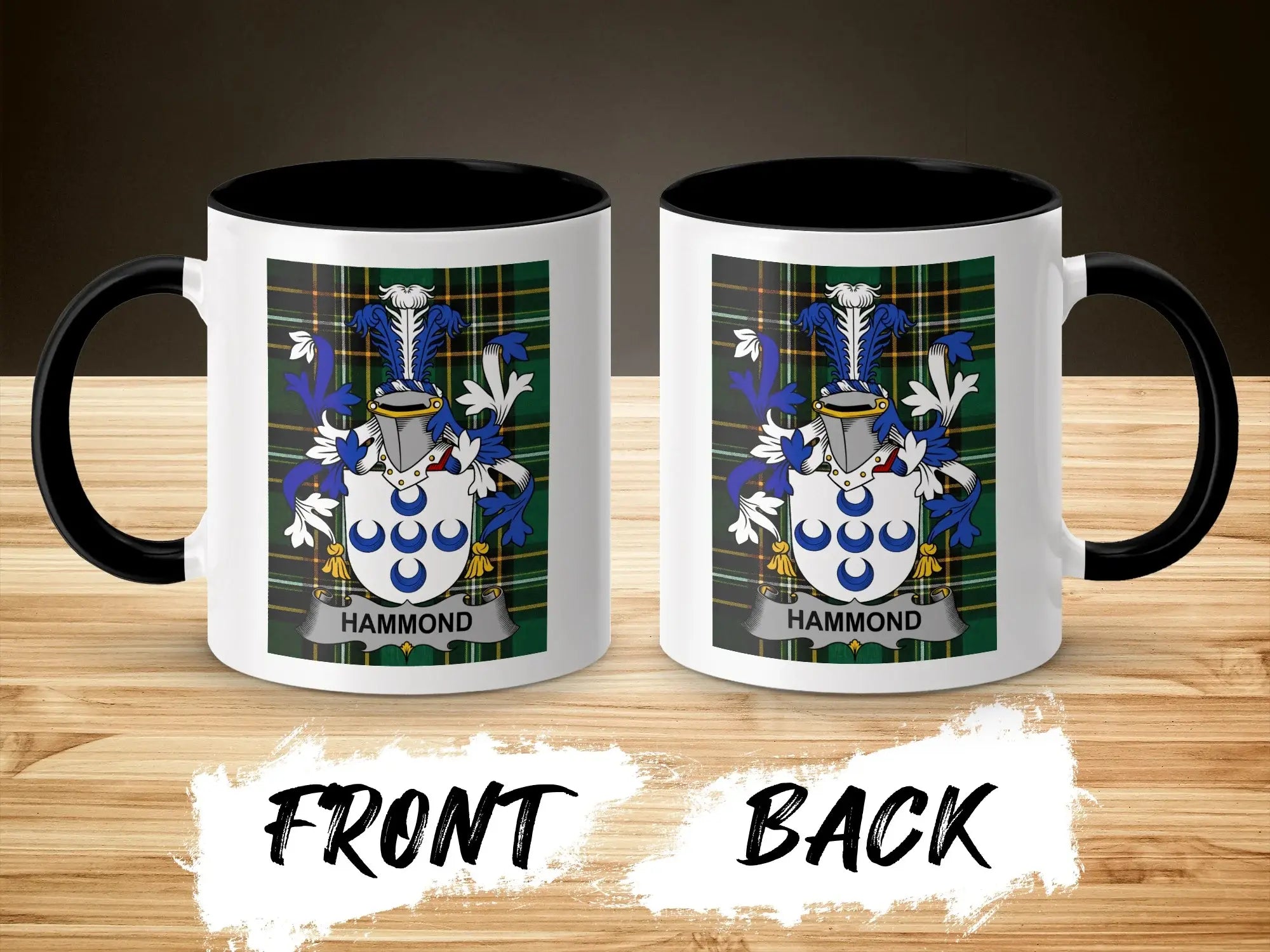 Two views of a white mug with black interior and handle, featuring the Hammond family crest.