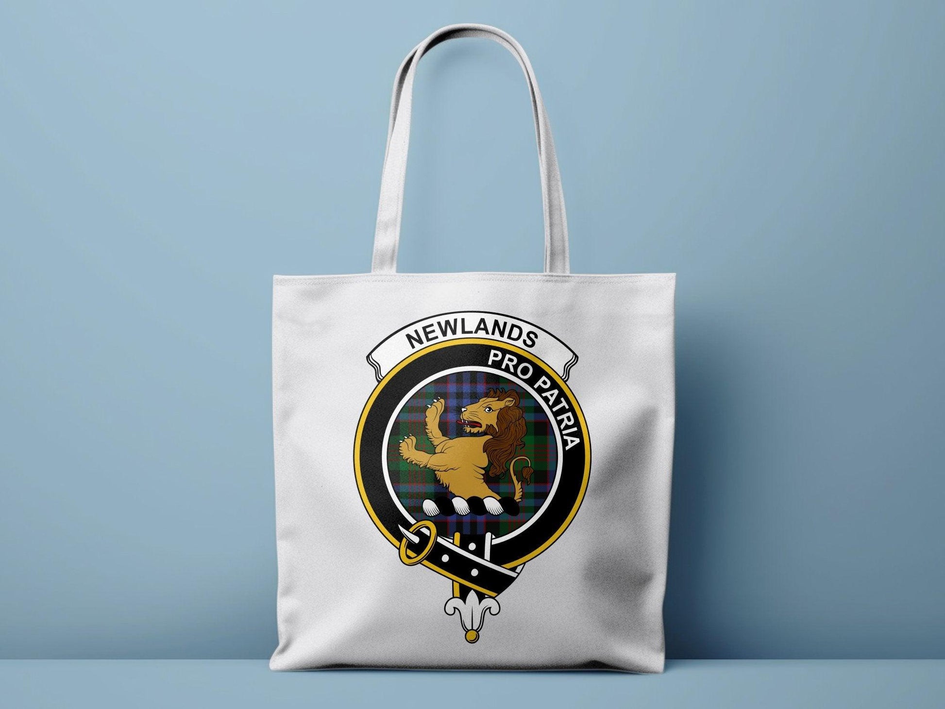 Newlands Scottish Clan Crest Tartan Tote Bags - Celtic Ancestry Gifts