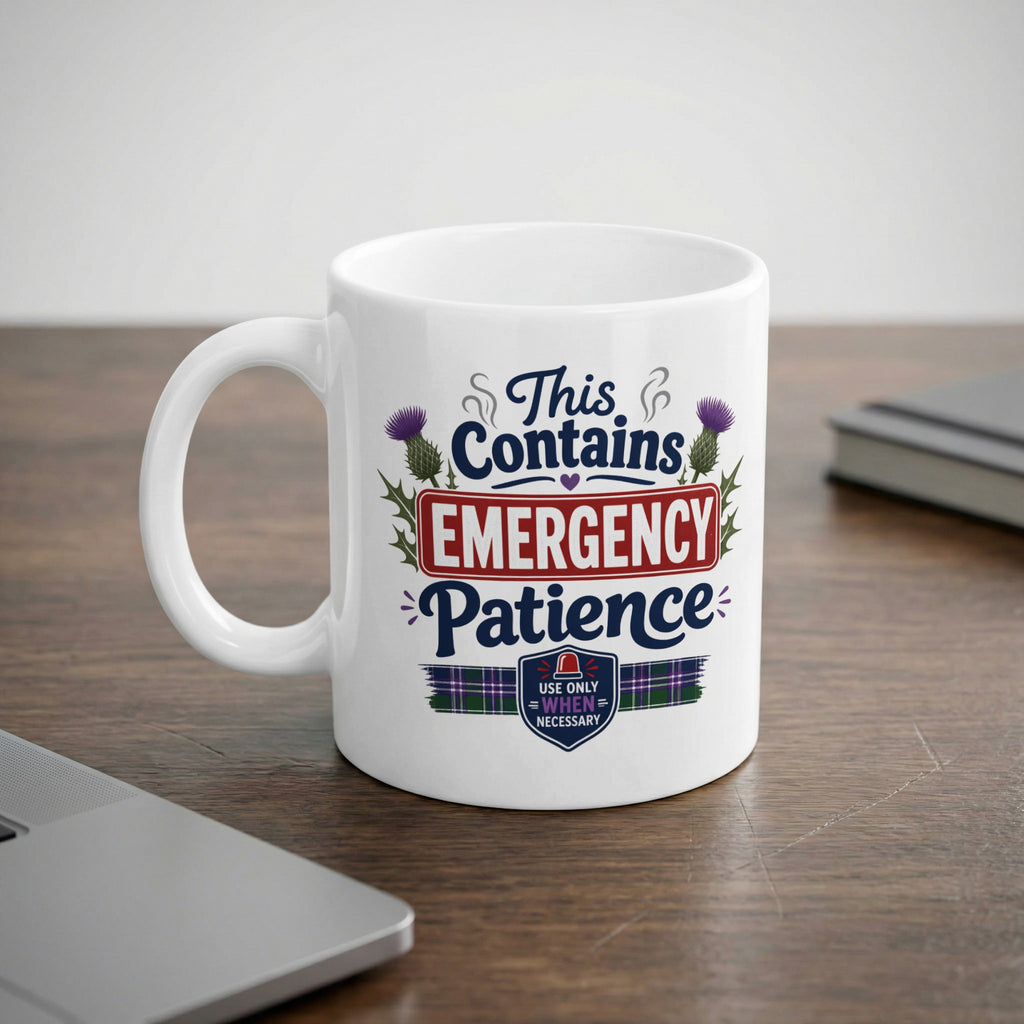White mug with "This Contains Emergency Patience" and tartan design.