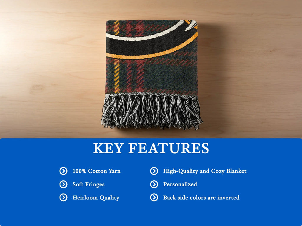 Clan Carnegie heirloom woven blanket with soft cotton fringe edge