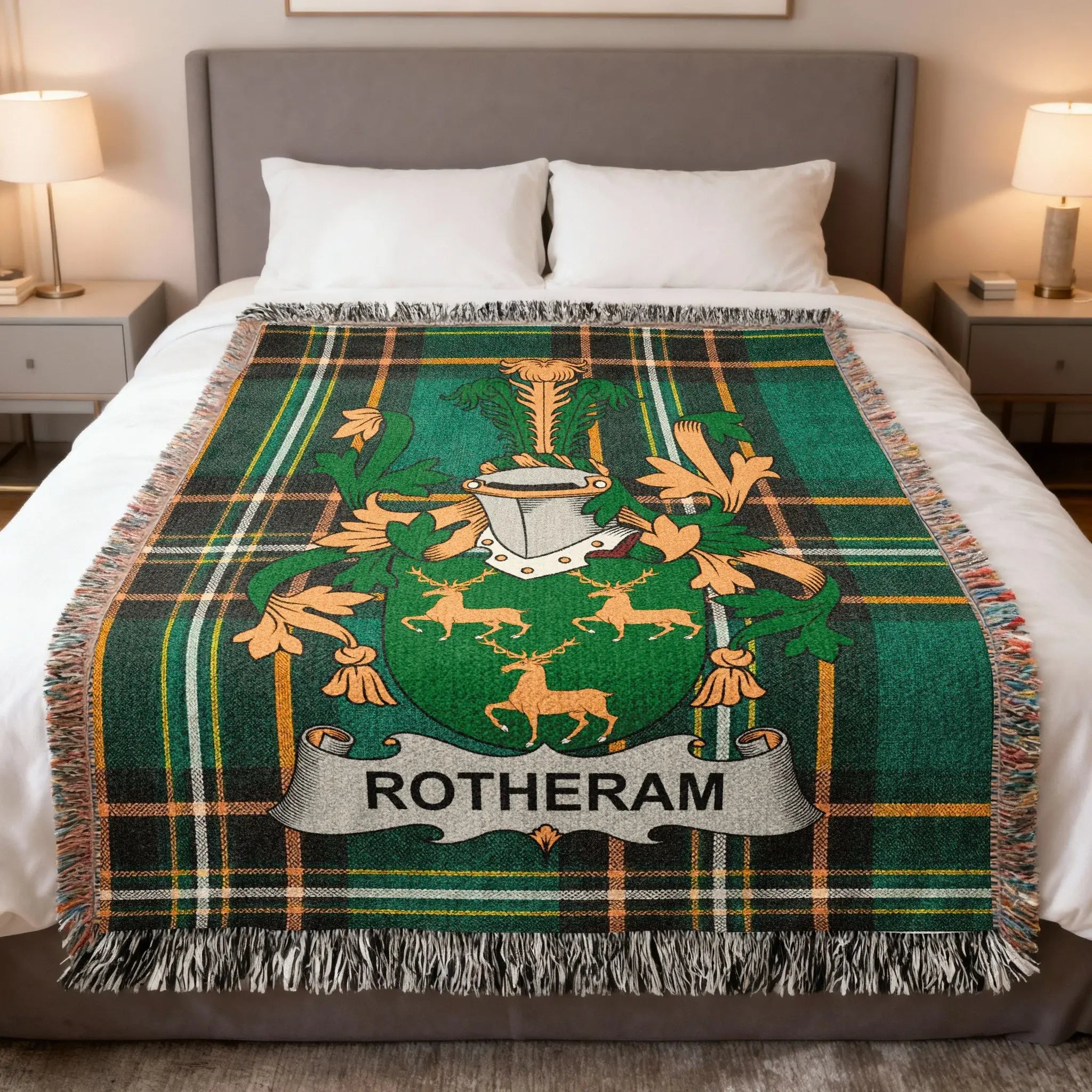 Green tartan throw blanket with Rotherham family crest and deer.