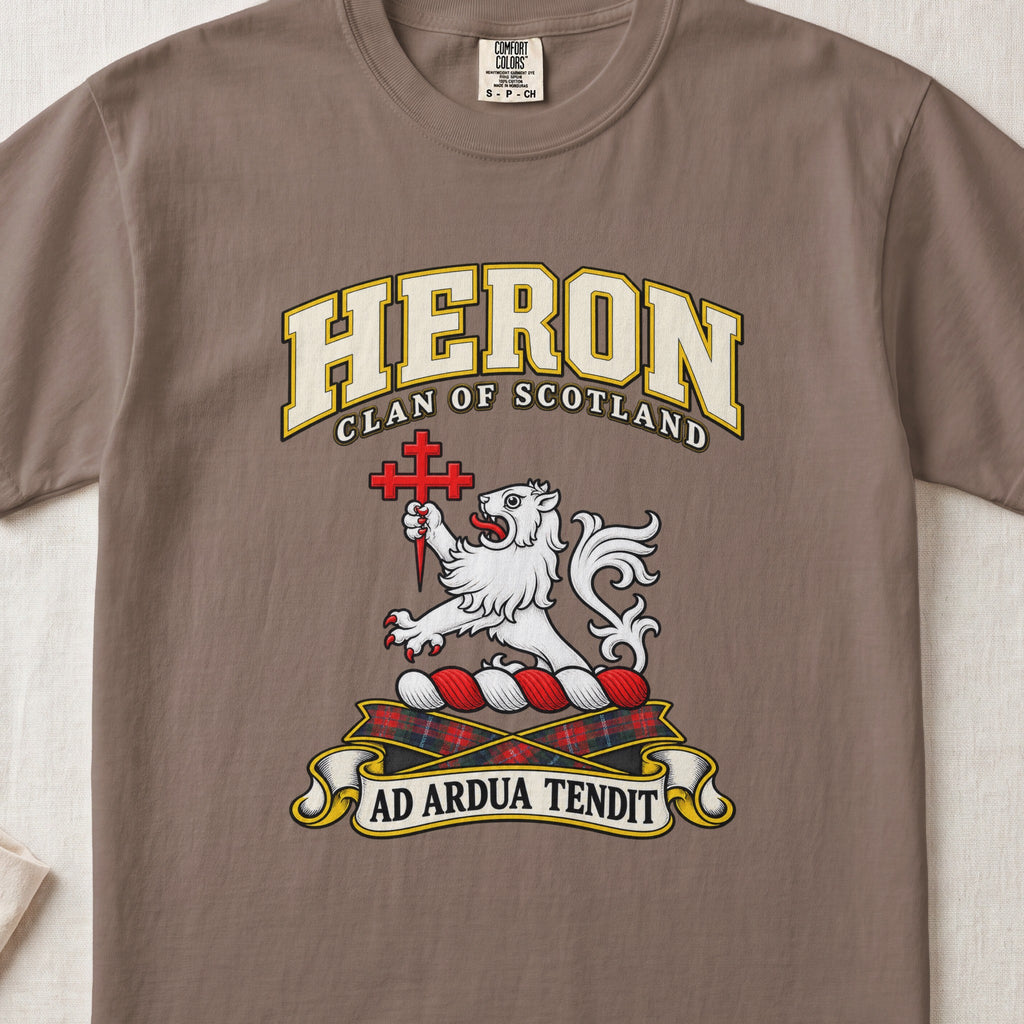 Heron Scottish clan T-shirt in Espresso, front view with a white lion holding a red cross and motto banner.