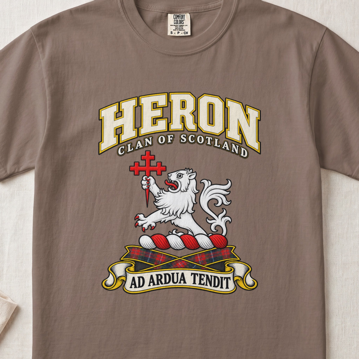 Heron Scottish clan T-shirt in Espresso, front view with a white lion holding a red cross and motto banner.