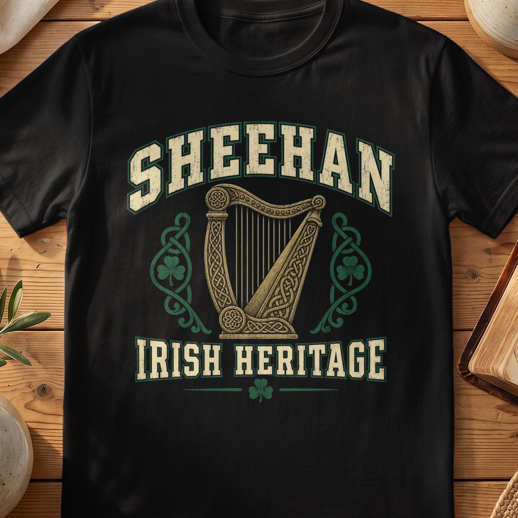 Sheehan Irish Heritage black Gildan 64000 T-shirt with Celtic harp design