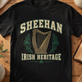 Sheehan Irish Heritage black Gildan 64000 T-shirt with Celtic harp design