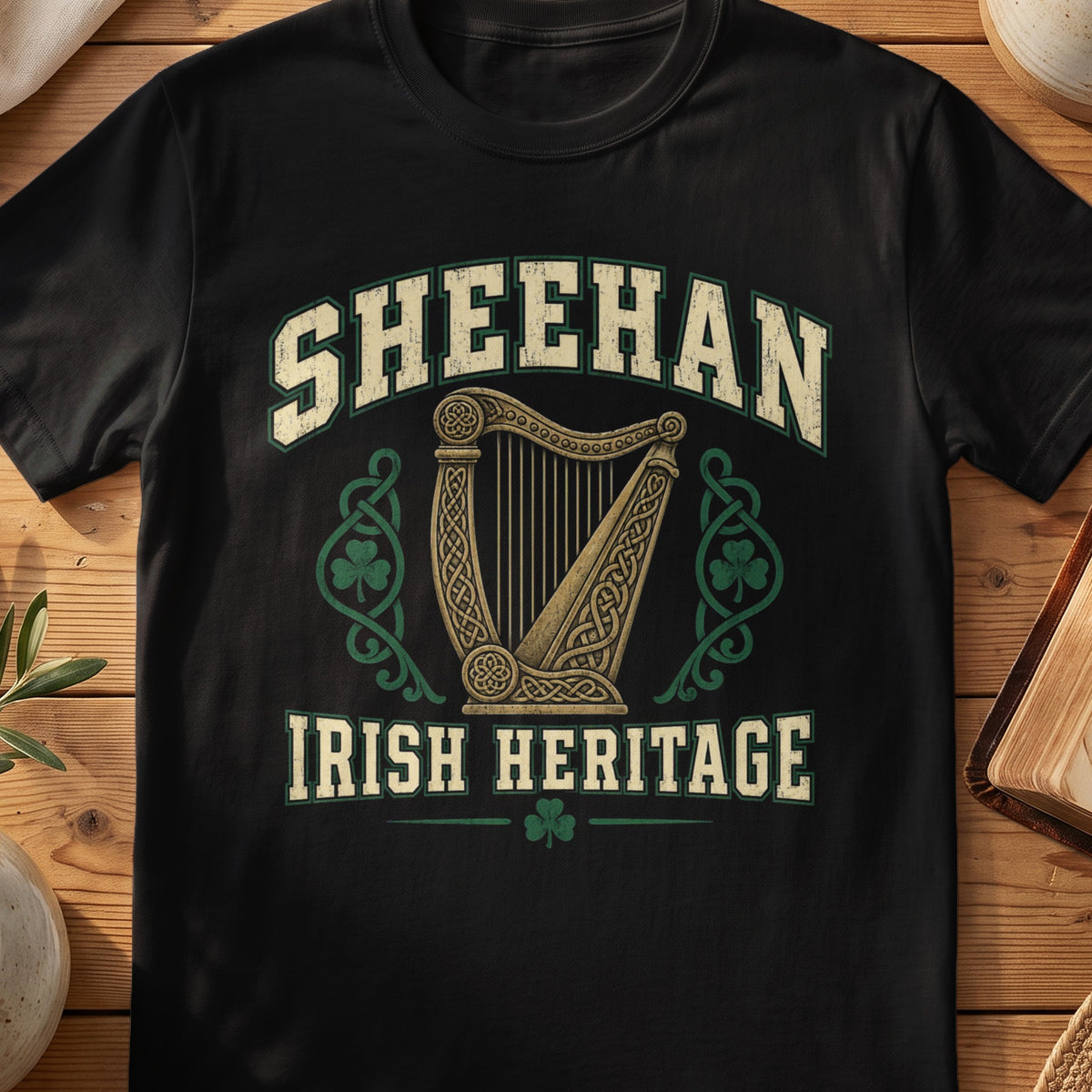 Sheehan Irish Heritage black Gildan 64000 T-shirt with Celtic harp design