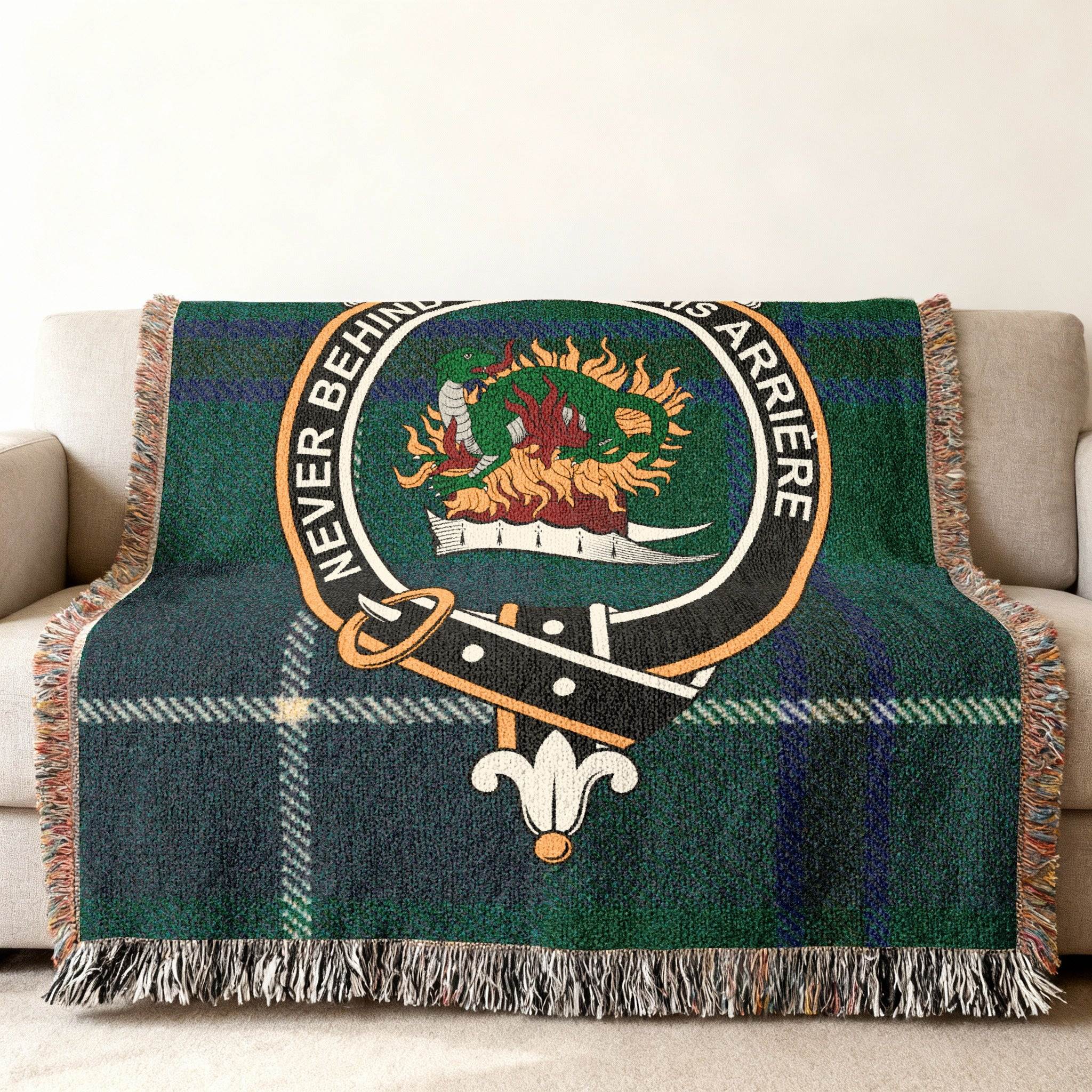 Douglas Never Behind dragons tartan woven blanket — heraldic crest, fringe edges