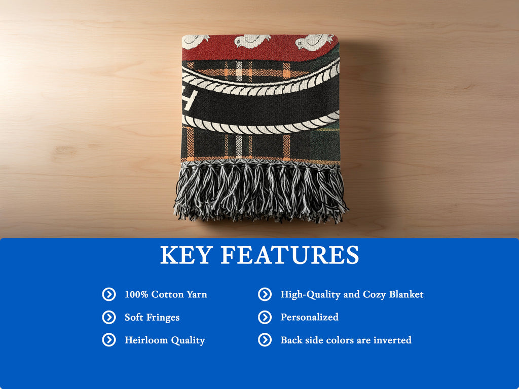 MacNally cotton woven blanket detail with decorative fringed edges
