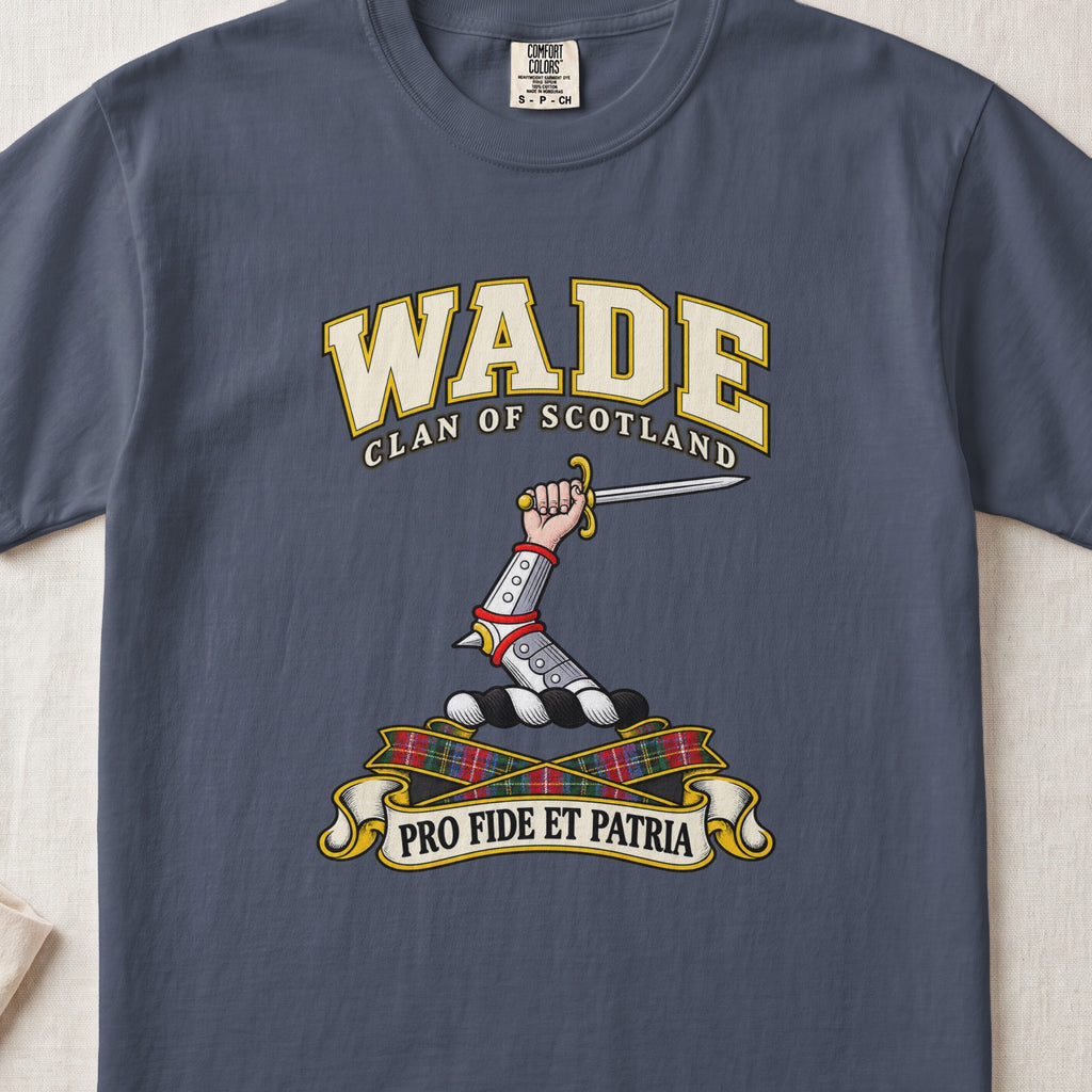 Wade Scottish clan T-shirt in Midnight, front view with an armoured arm holding a sword and motto design.
