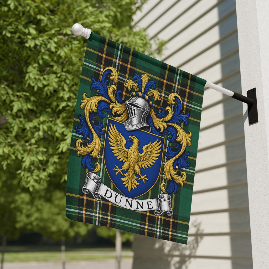 Dunne Irish National Tartan family crest garden flag displayed outdoors
