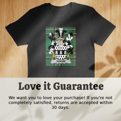 Higgin Irish Family Crest on National Tartan T-Shirt - Celtic Ancestry Gifts