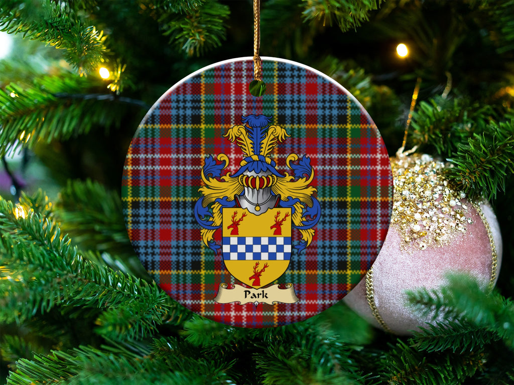 Park Scottish clan ceramic ornament with family crest on a Caledonia tartan background, hanging on a Christmas tree
