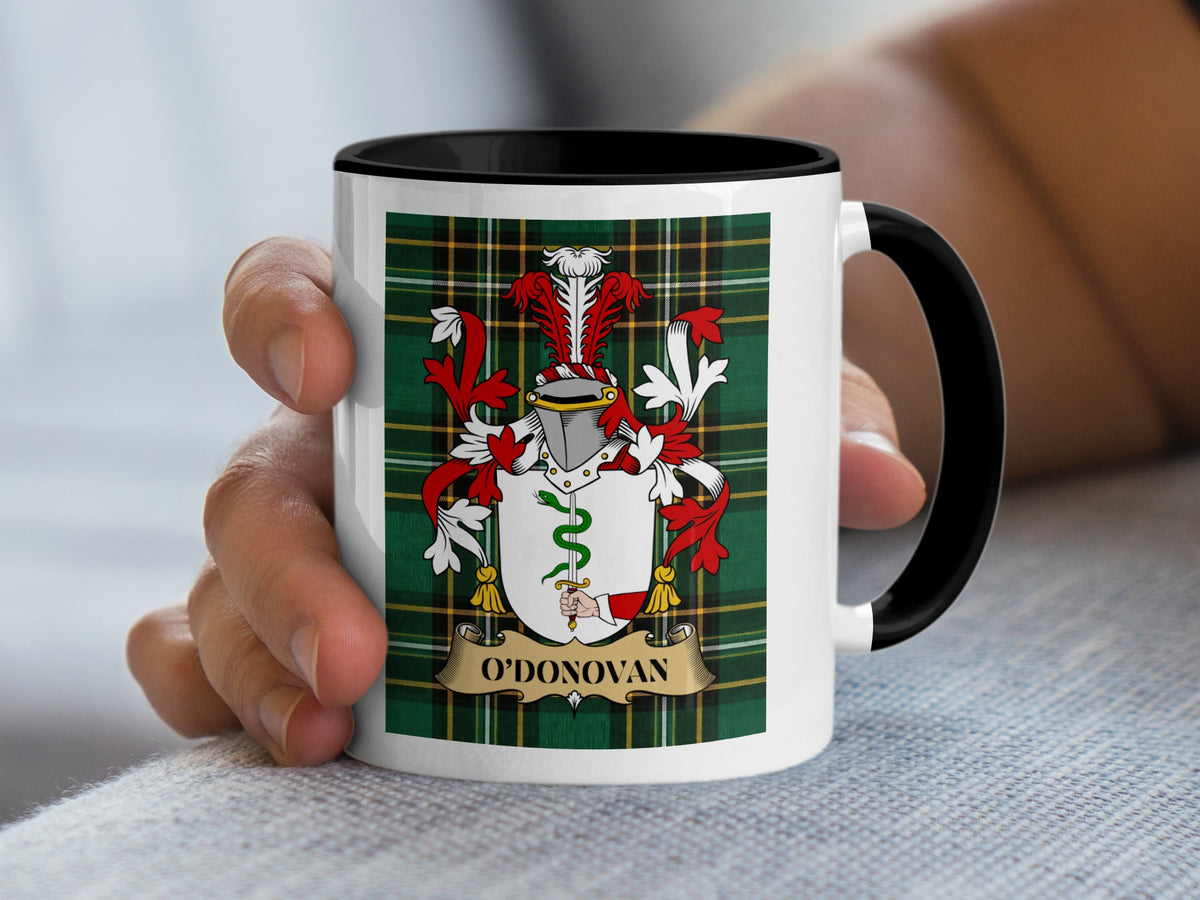 O'Donovan Irish National Tartan family crest mug held in hand
