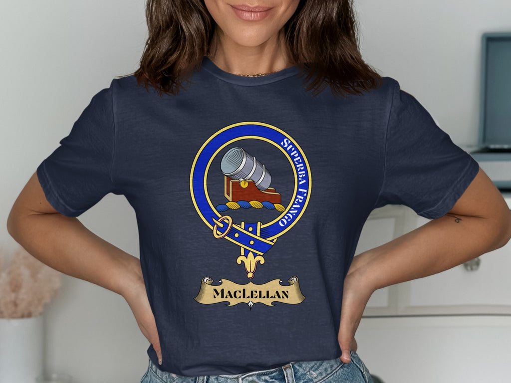 MacLellan Scottish clan crest design on Navy T-shirt