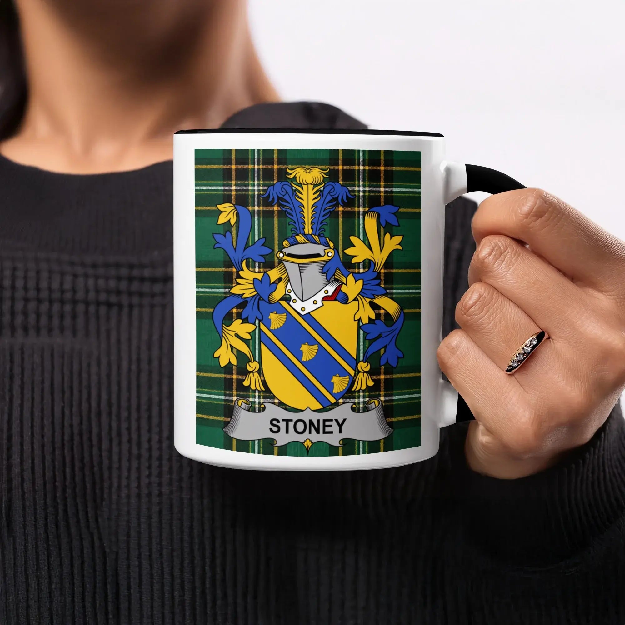 Stoney black accent mug with Irish National Tartan crest design