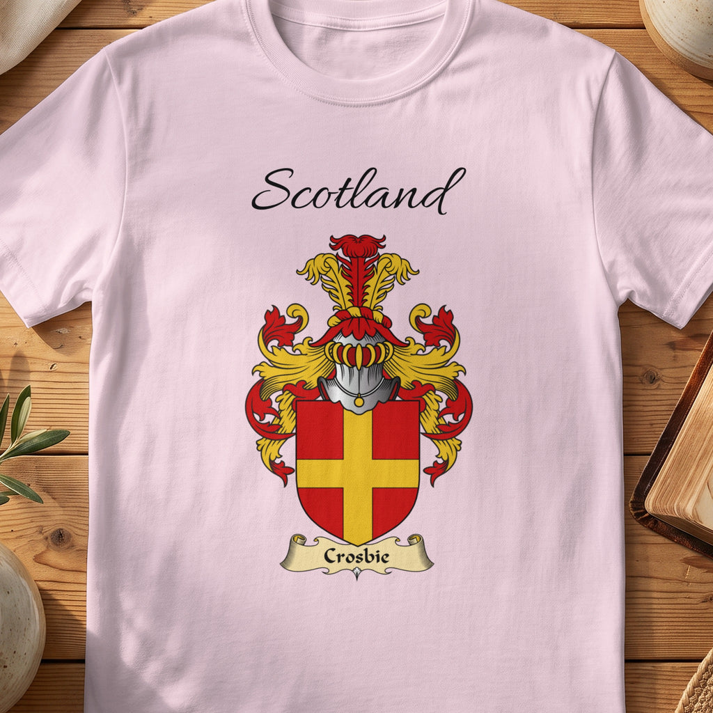 Light Pink Crosbie Scottish family shield T-shirt featuring a gold cross on a red shield