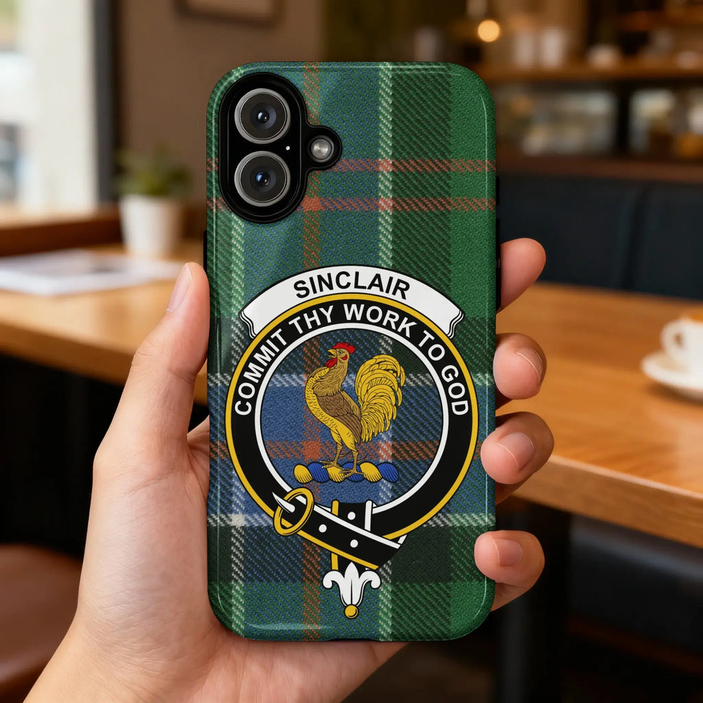 Clan Sinclair tartan case back view — rooster crest and plaid design on glossy surface