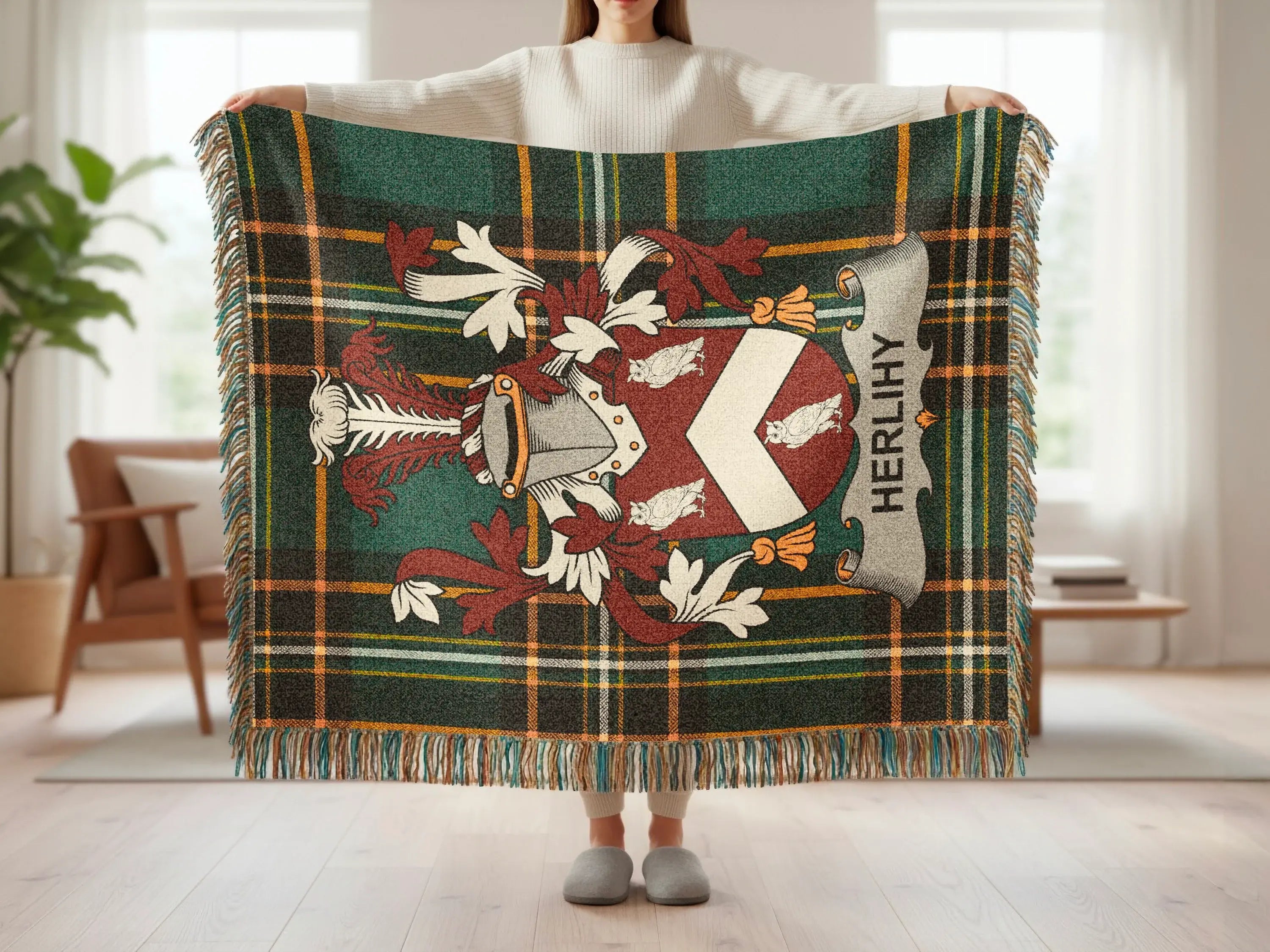 Herlihy family crest on a green and brown tartan throw blanket.