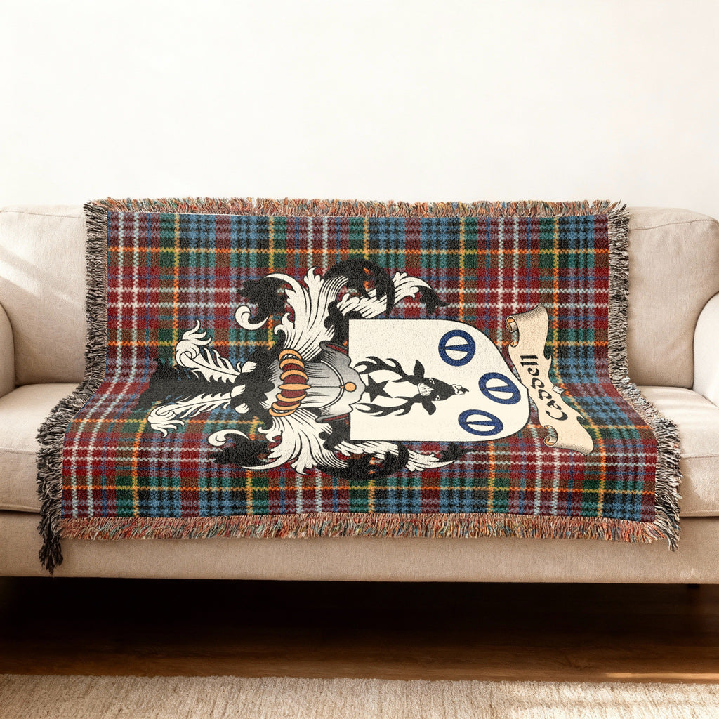 Caddell Scottish woven blanket with family shield and Caledonia tartan background