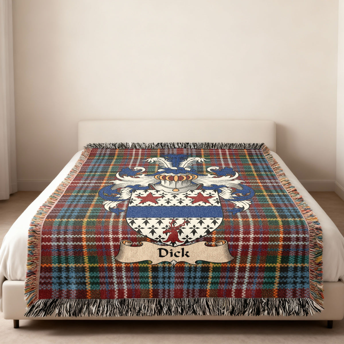 Dick Scottish family shield woven blanket on a Caledonia tartan background